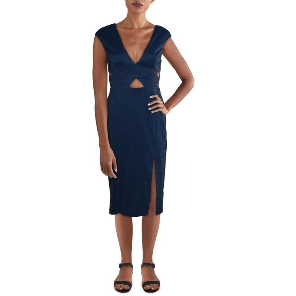 AIDAN AIDAN MATTOX Womens Navy Front Side Slit Sleeveless Midi Sheath Dress 0